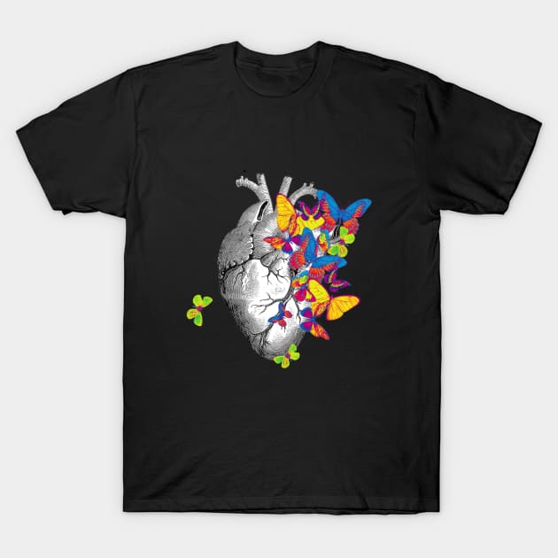 Heart Human Anatomy jellow blue green butterflies T-Shirt by Collagedream